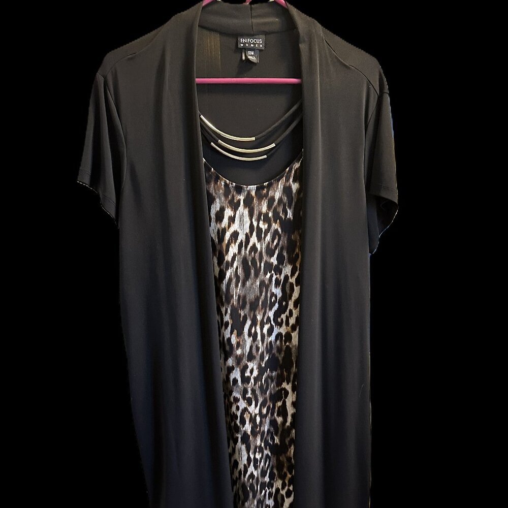 enFocus Black Leopard Jacket Dress, Short Sleeve, Mid-Length, Size 18W Very Good